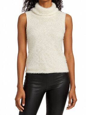 Wool Mohair Fuzzy Turtleneck Sweater Vintage Vest Ivory M Y2K